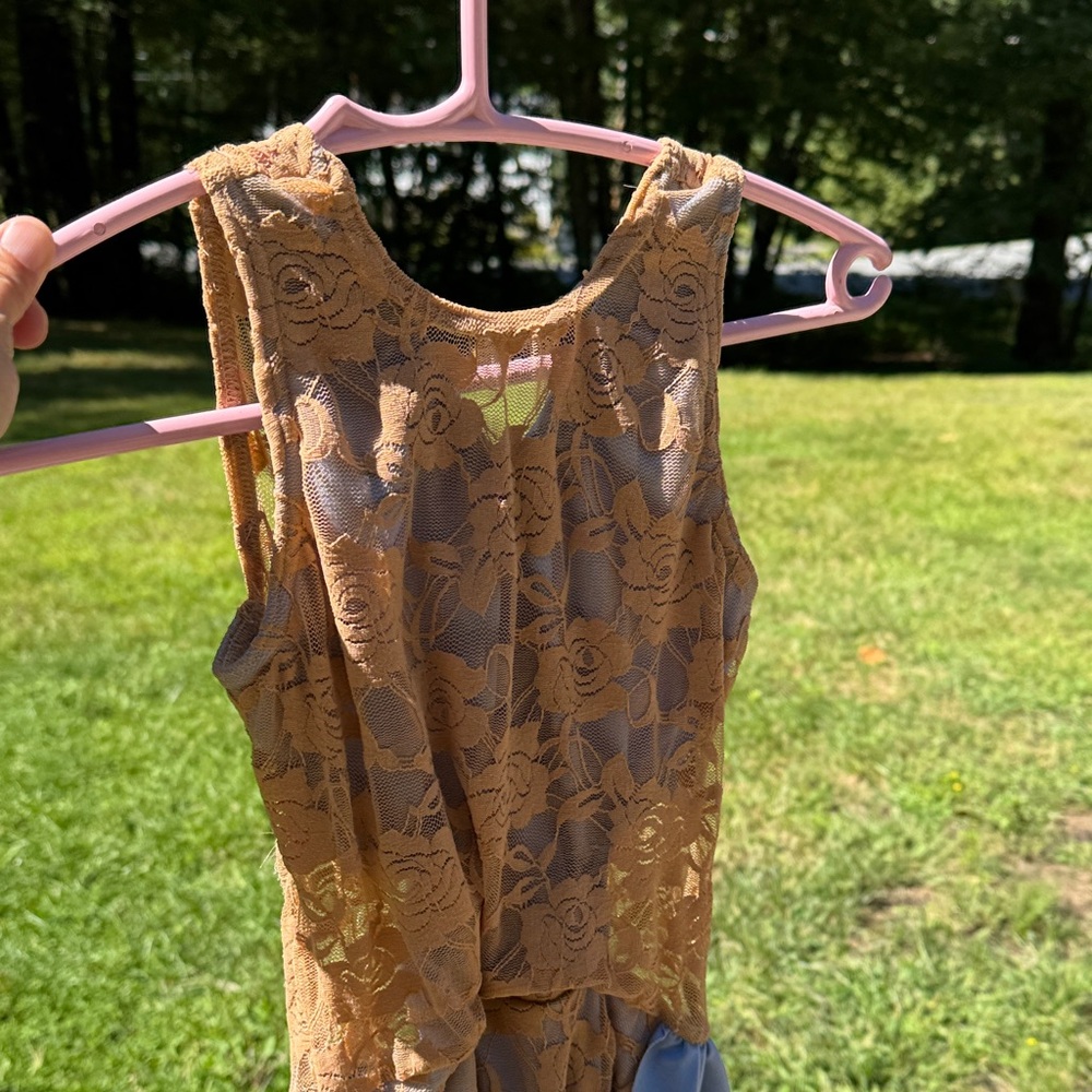 Blue and tan lace Kids Dance Costume lyrical ballet skate
